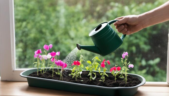 Sow sweet peas indoors for early blooms.